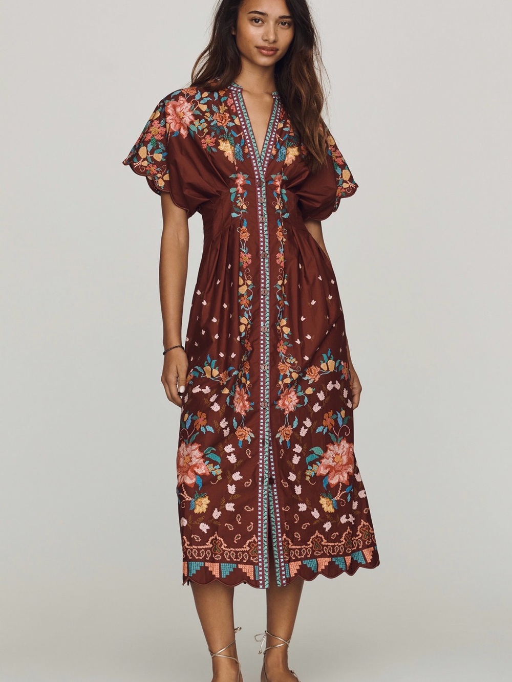 FARM Rio Brown Floral Embroidered V-Neck Midi Dress